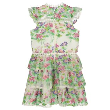 Girls Ivory & Green Embroidered Floral Dress
