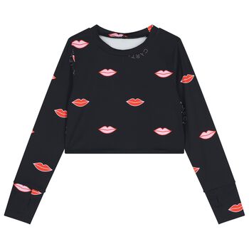 Girls Black Lips & Logo Long Sleeve Top