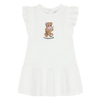 Younger Girls White Teddy Bear Ruffled Dress
