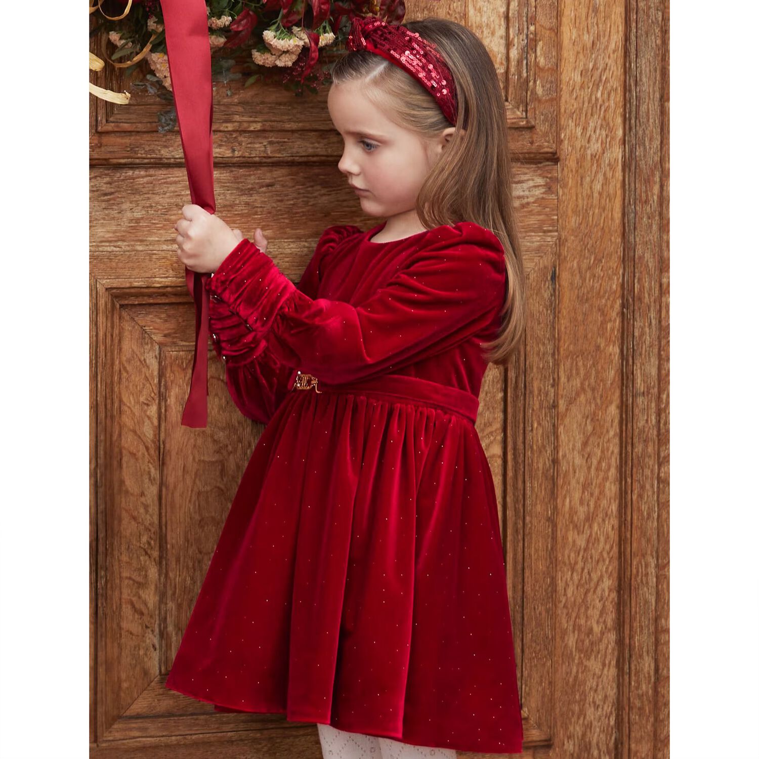 Girls Red Embellished Velvet Dress, 2, hi-res