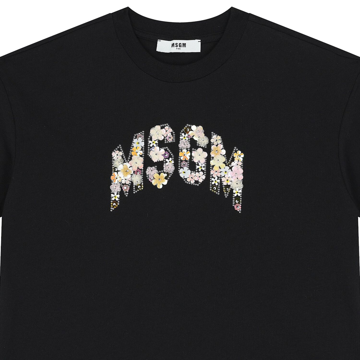 Girls Black Logo Sequin Flower T-Shirt, 1, hi-res
