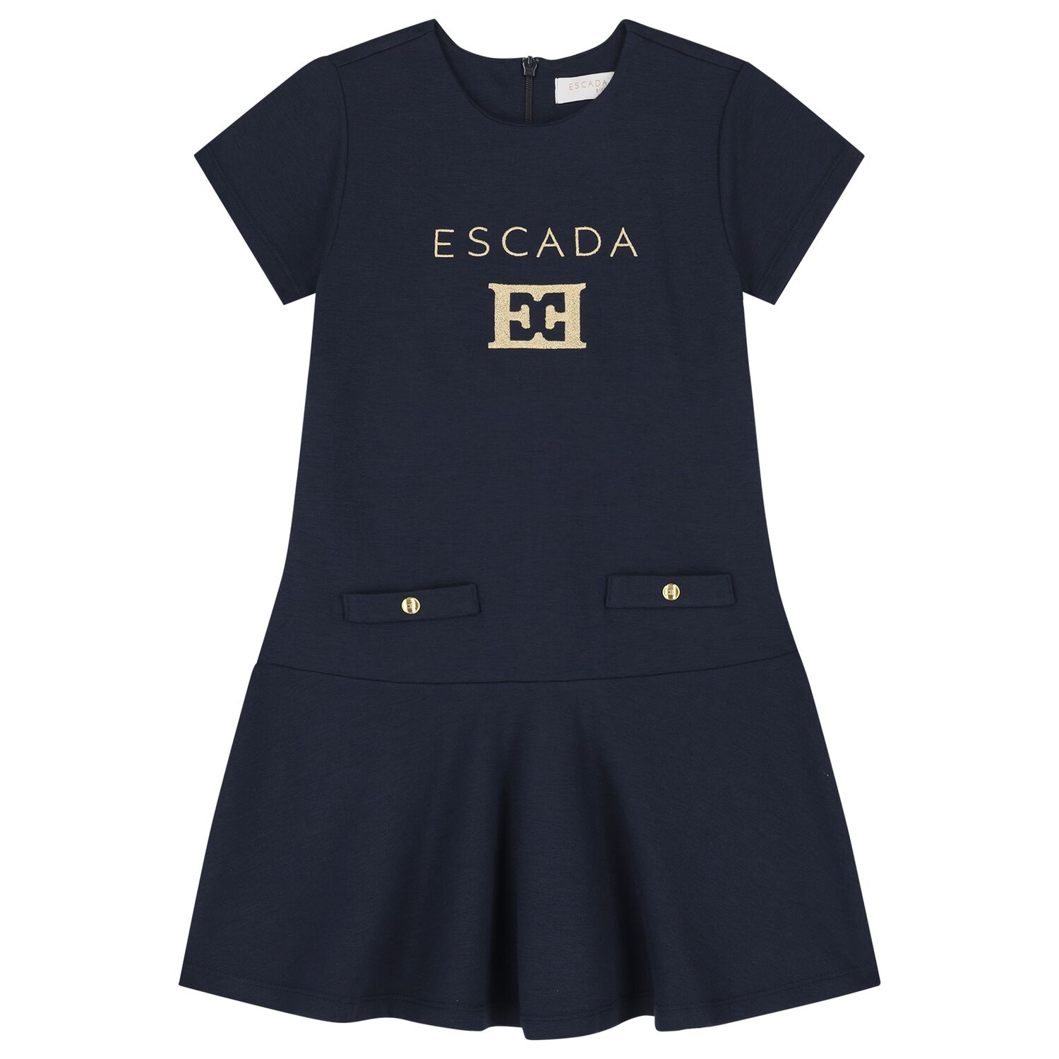 Girls Navy Blue & Gold Logo Dress, 2, hi-res