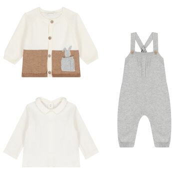 Baby Boys Ivory, Beige & Grey Dungaree Set