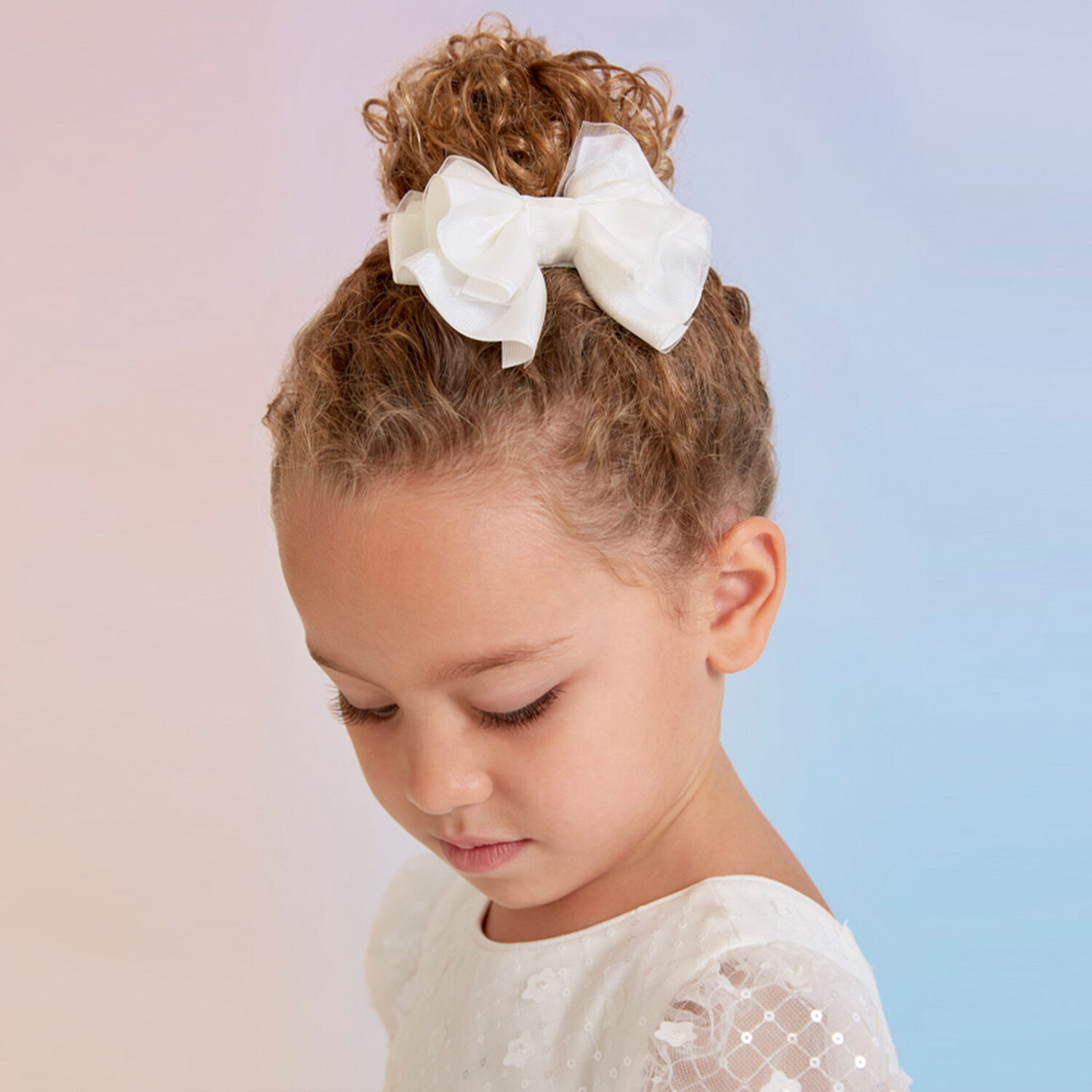 Girls White Tulle Bow Hair Clip, 2, hi-res