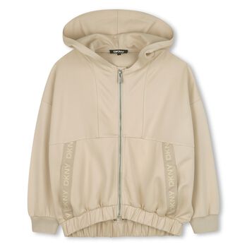 Girls Beige Logo Hooded Zip-Up Top