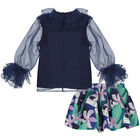 Girls Navy Blue & Green Floral Skirt Set, 1, hi-res