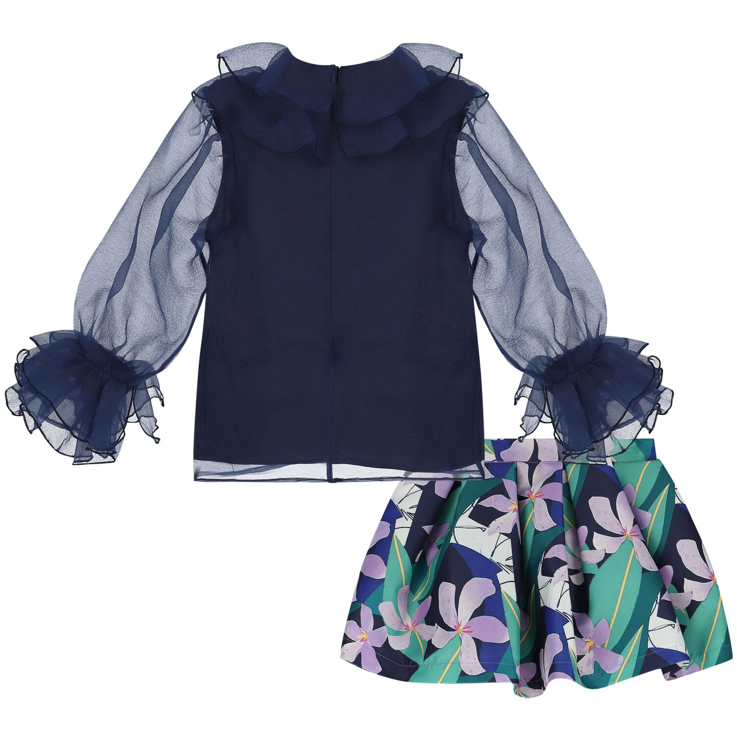 Girls Navy Blue & Green Floral Skirt Set, 1, hi-res