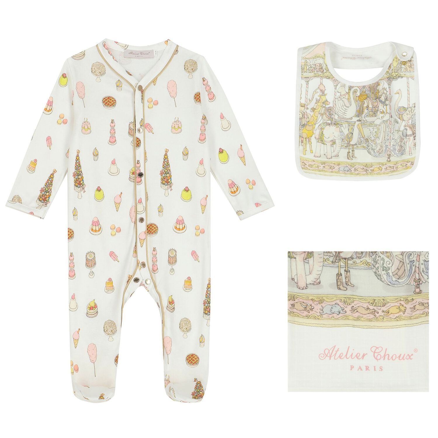 Baby Girls Ivory & Pink Carousel Babygrow Gift Set, 1, hi-res