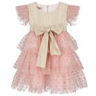 Girls Gold & Pink Tulle Bow Dress, 1, hi-res