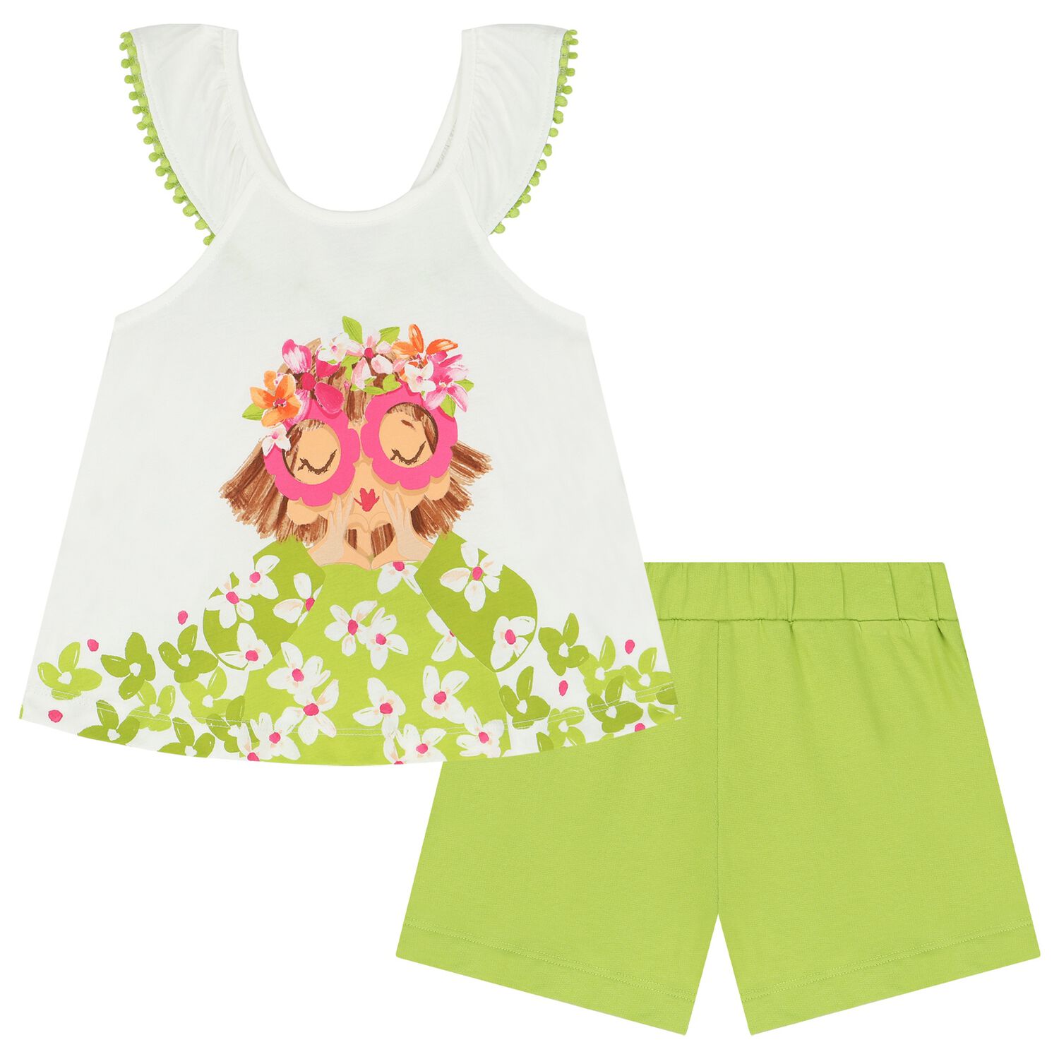 Girls White & Green Shorts Set, 1, hi-res