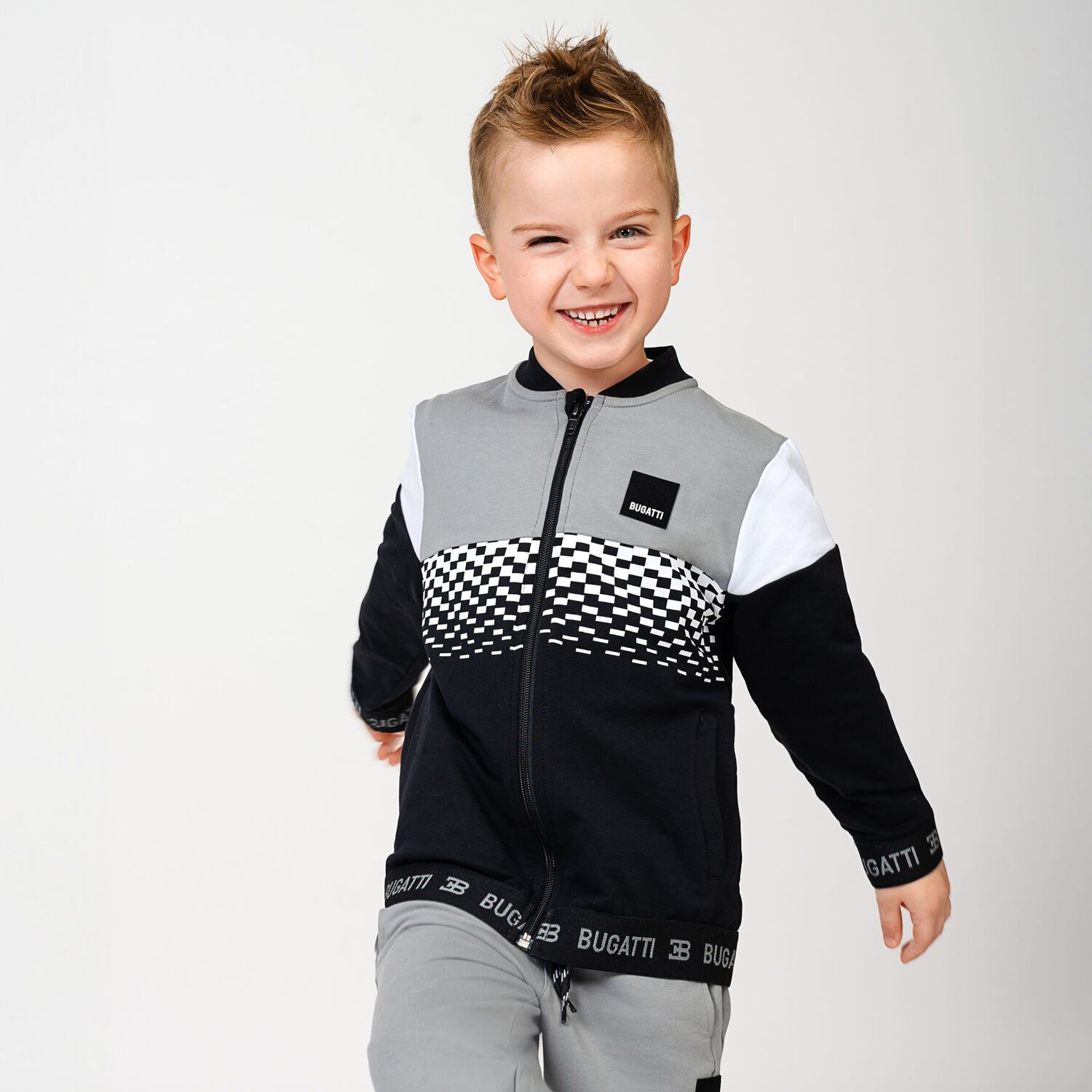 Boys Black & Grey Logo Zip Up Top, 1, hi-res