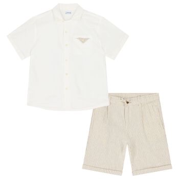 Boys White & Beige Shorts Set