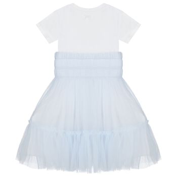 Girls White & Blue Logo Tulle Dress