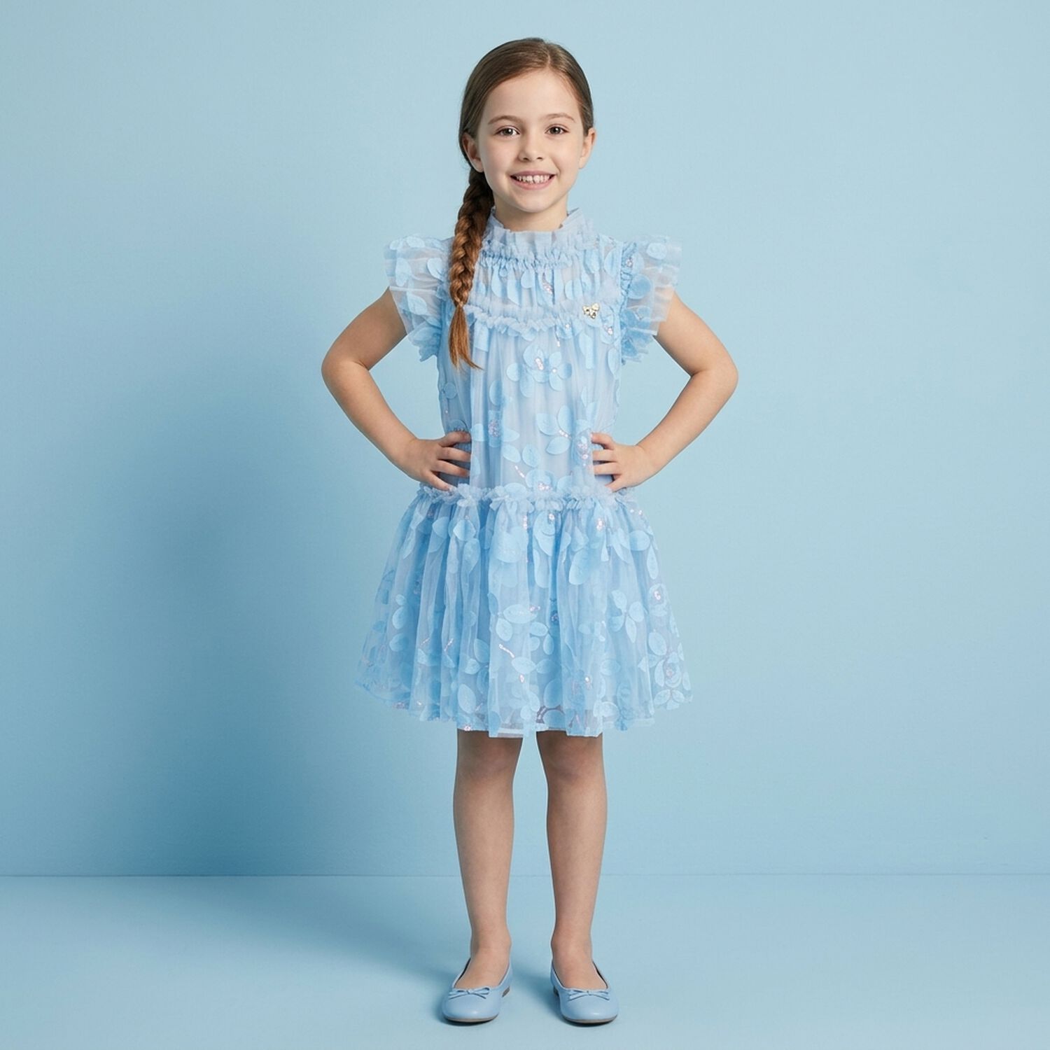 Girls Blue Embellished Tulle Dress, 1, hi-res