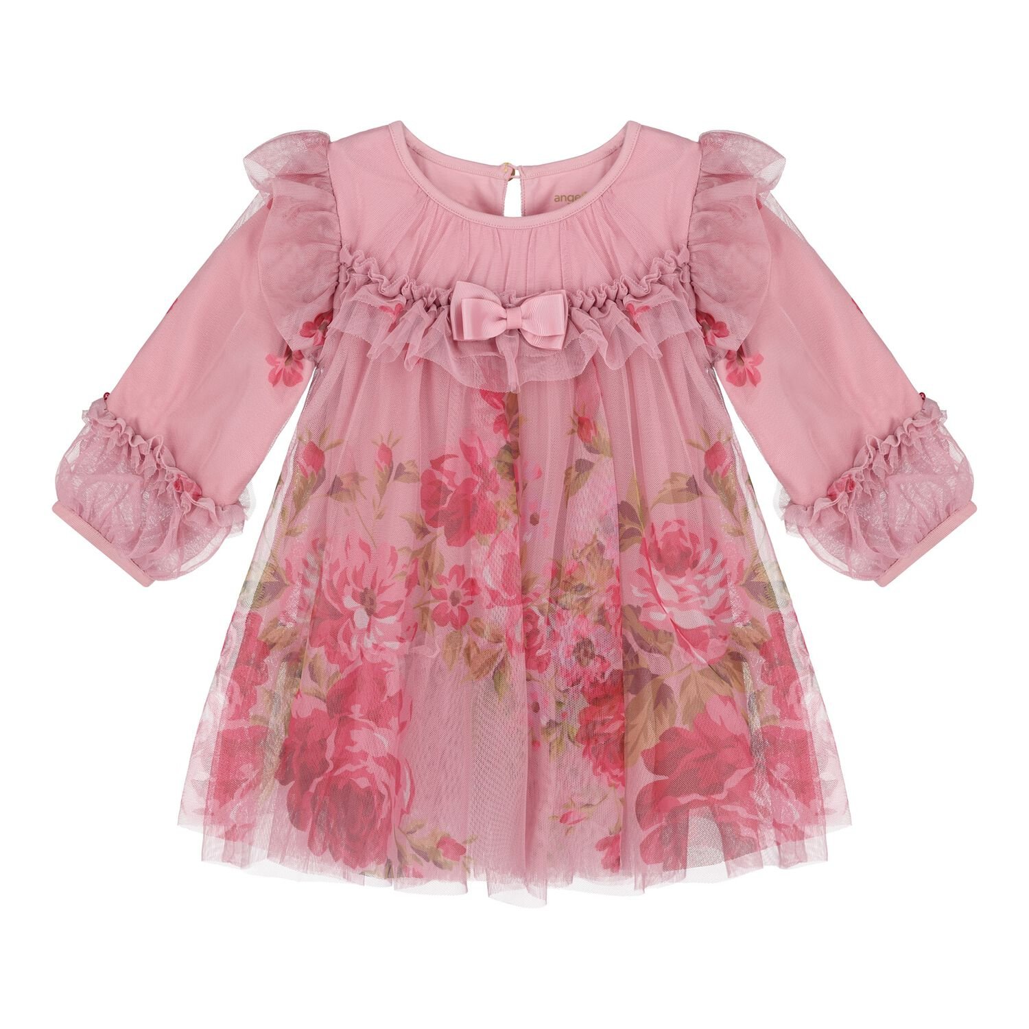 Baby Girls Pink Floral Ruffled Tulle Dress, 1, hi-res