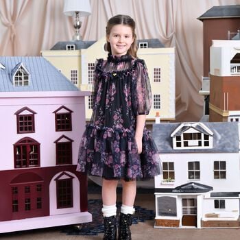 Girls Navy Blue & Pink Floral Tulle Myrtisa Dress