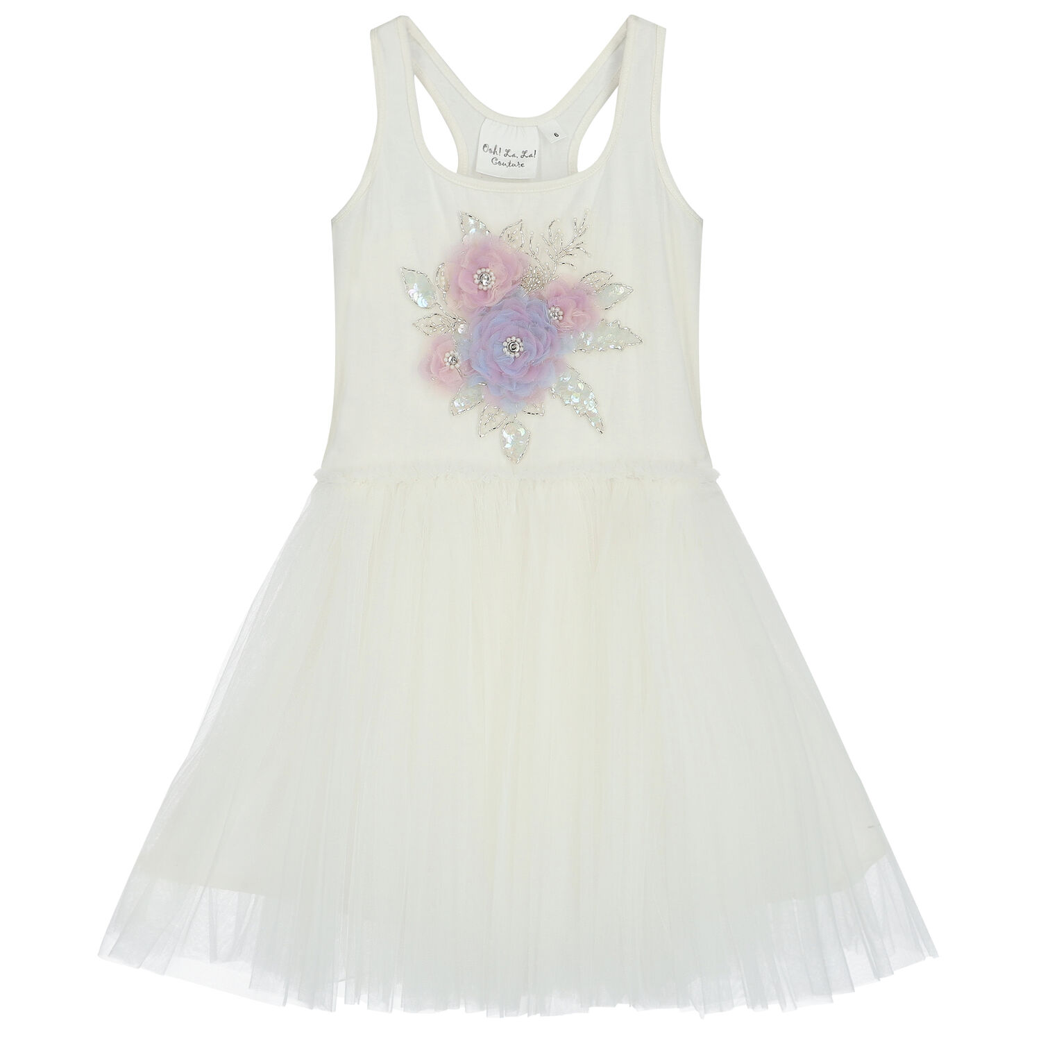 Girls White Embellished Tulle Dress, 1, hi-res