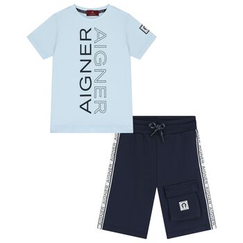 Boys Blue & Navy Blue Logo Shorts Set