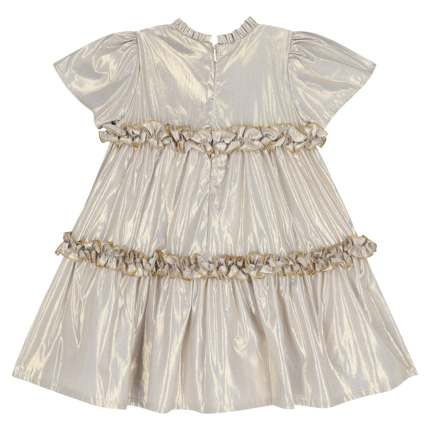 Younger Girls Beige & Gold Logo Ruffled Dress, 1, hi-res