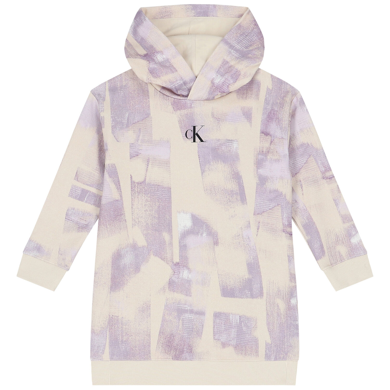 Girls Beige & Purple Logo Hooded Dress, 1, hi-res