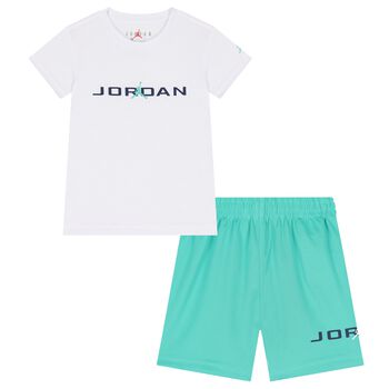 Younger Boys White & Green Jordan Shorts Set