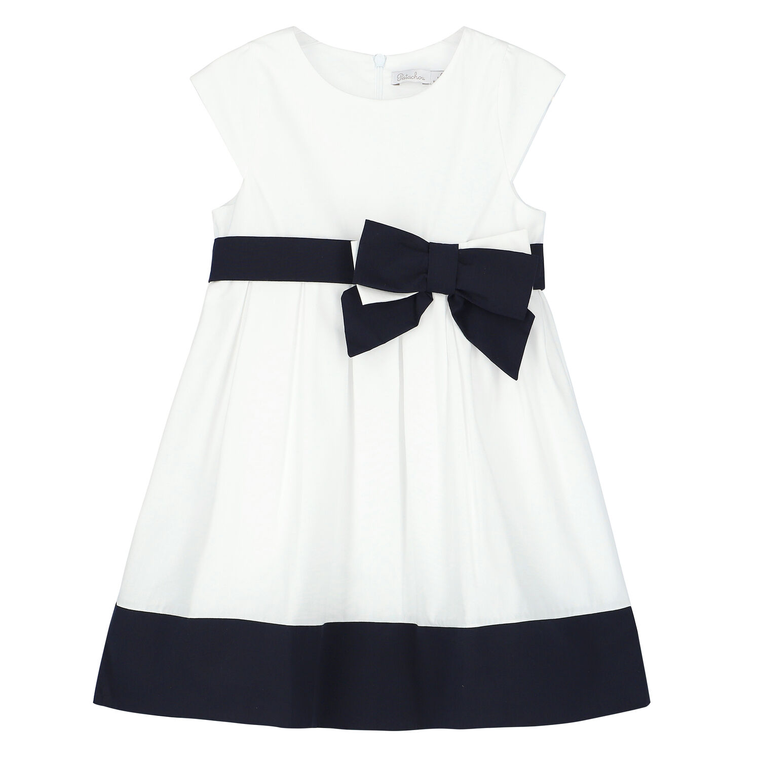 Younger Girls White & Navy Blue Dress, 1, hi-res