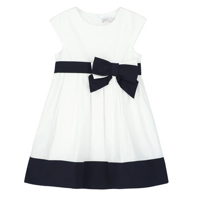 Younger Girls White & Navy Blue Dress