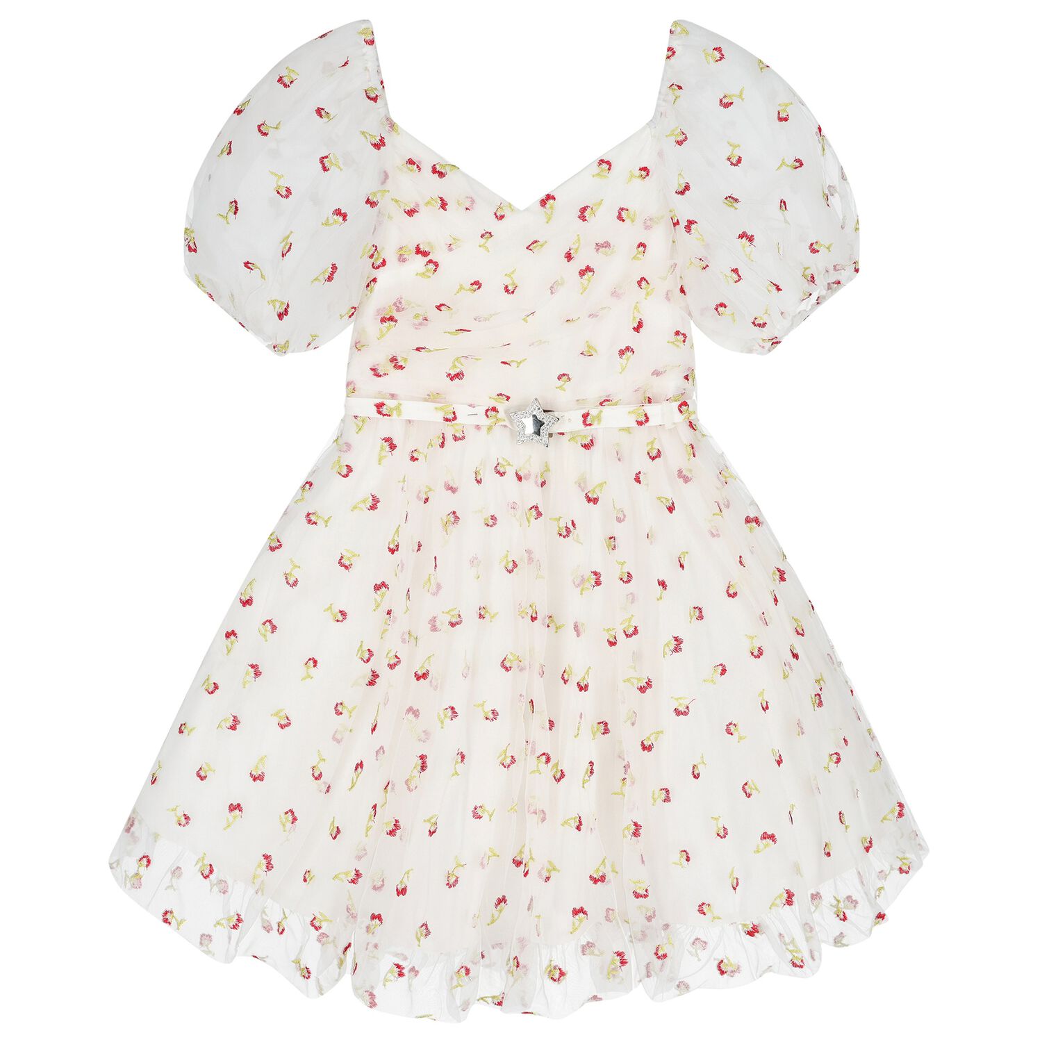Girls White Floral Tulle Dress, 1, hi-res