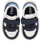 Boys Navy Blue, Blue & White Logo Trainers, 2, hi-res