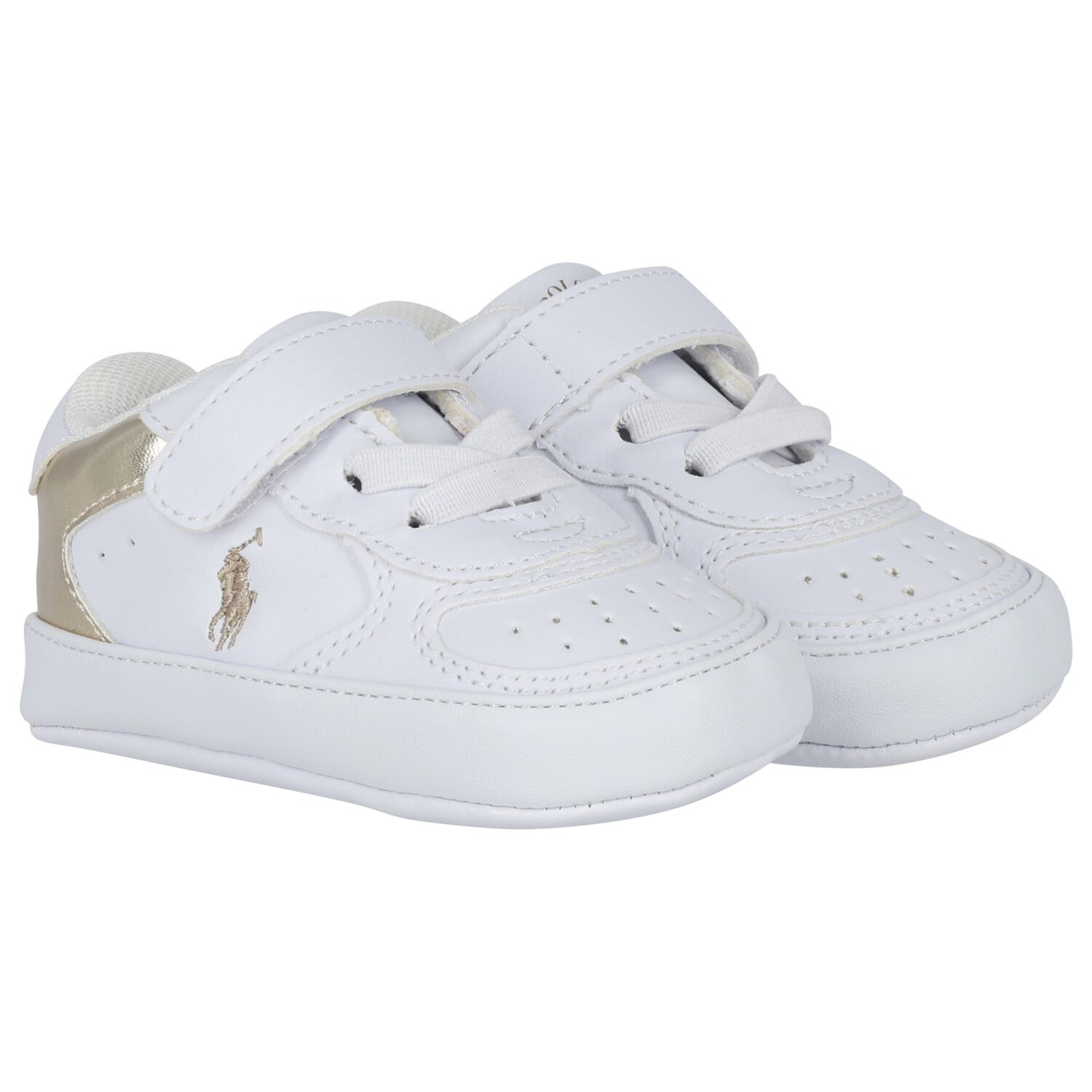 Baby Boys White & Gold Logo Pre Walker Shoes, 1, hi-res