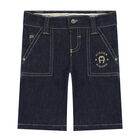 Younger Boys Navy Logo Denim Shorts, 1, hi-res