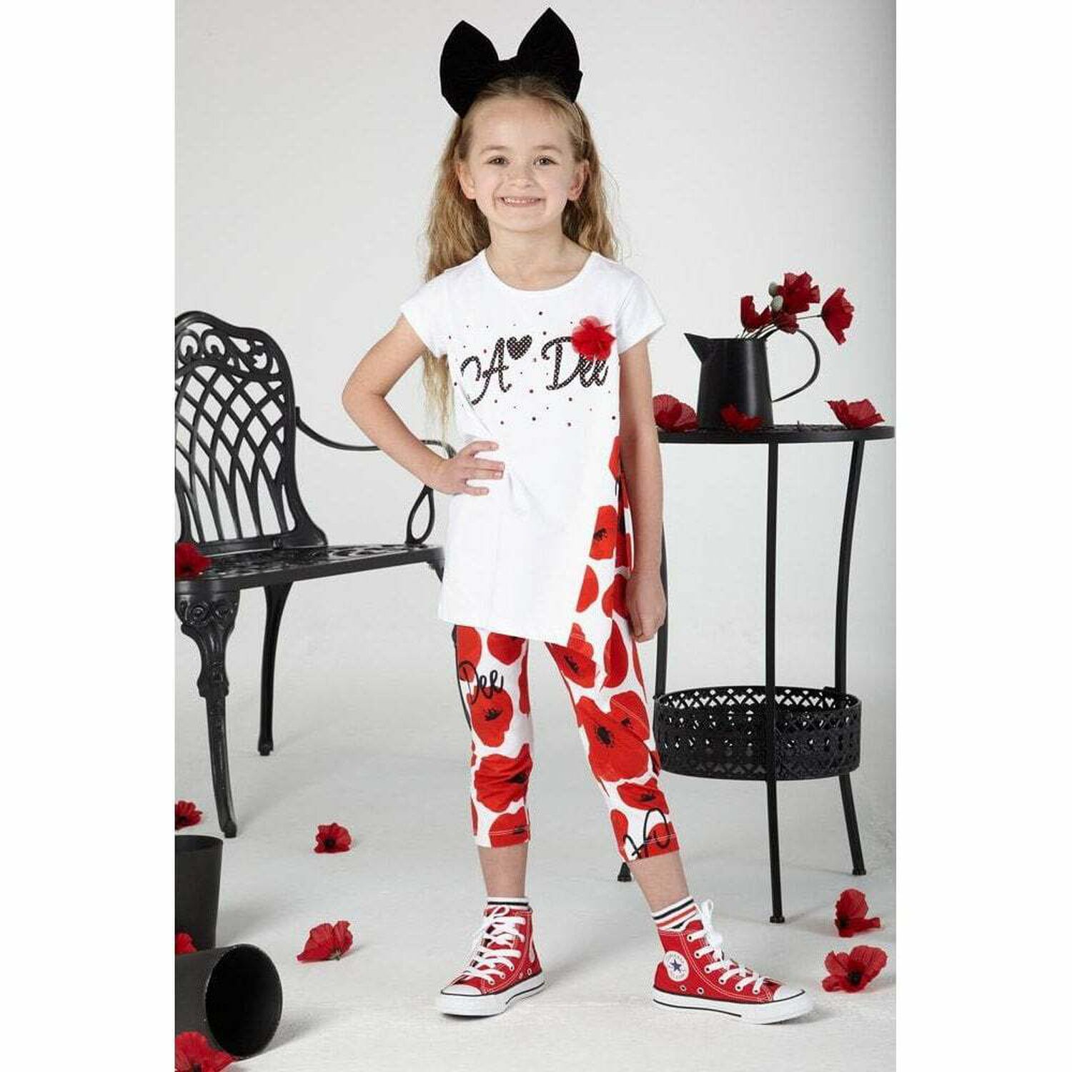 Girls White & Red Poppy Ankle Socks, 1, hi-res image number null