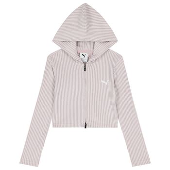 Girls Pink Ribbed Logo Hooded Zip Up Top