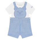 Baby Boys White & Blue Cotton Dungaree Set, 1, hi-res