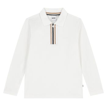 Boys White Logo Long Sleeve Polo Shirt