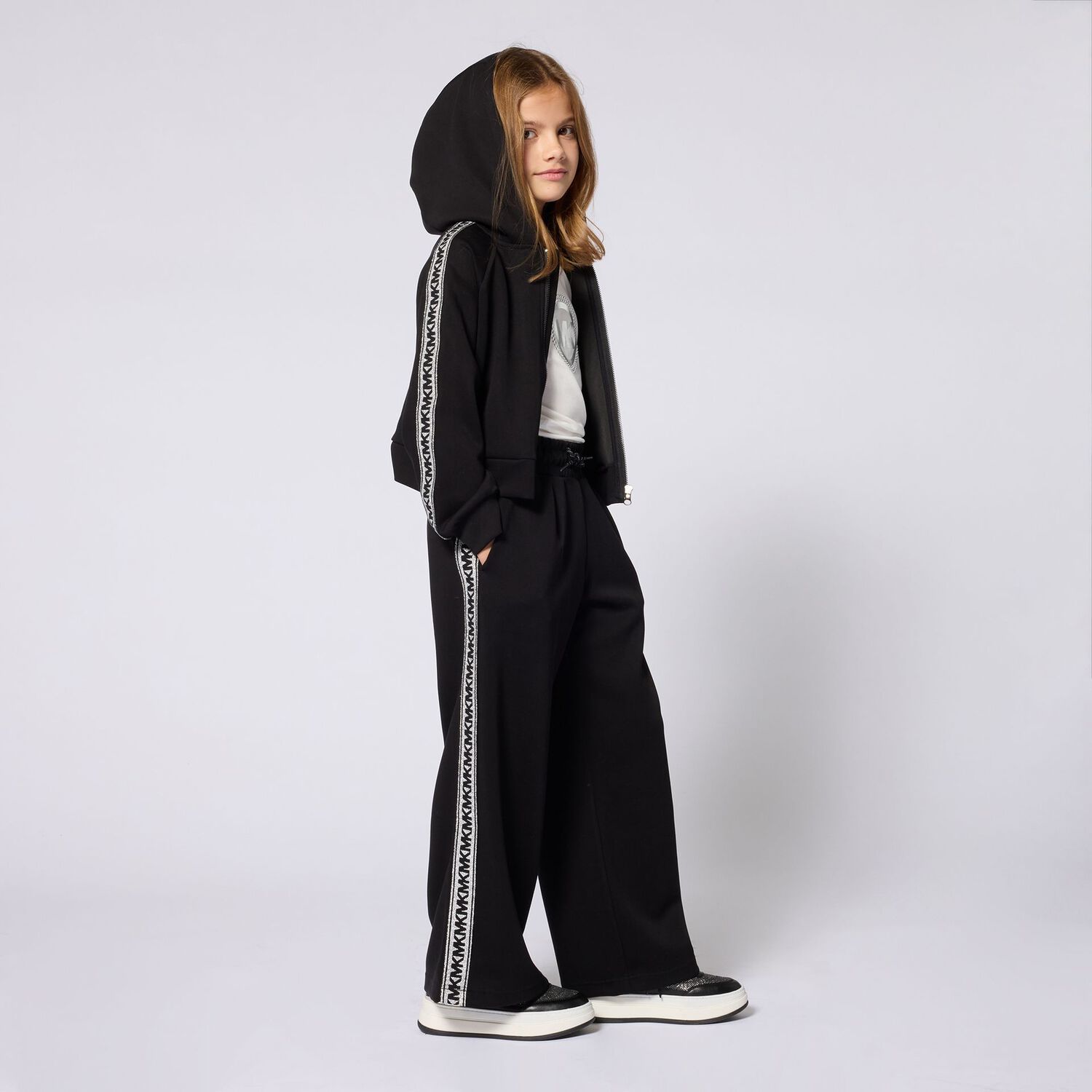 Girls Black Logo Hooded Zip Up Top, 1, hi-res