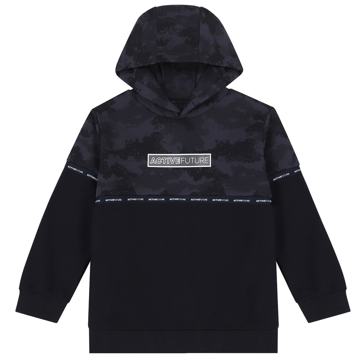 Boys Navy Camouflage Hooded Top, 1, hi-res