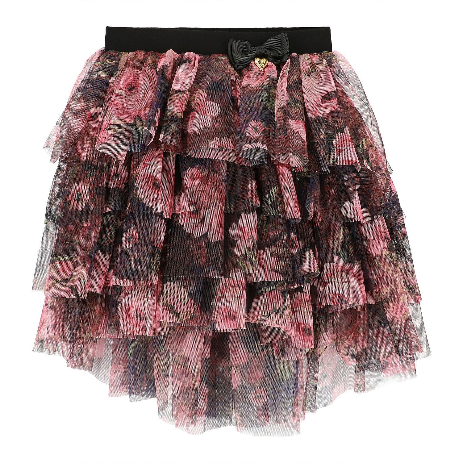 Girls Black & Pink Rose Tulle Skirt, 1, hi-res