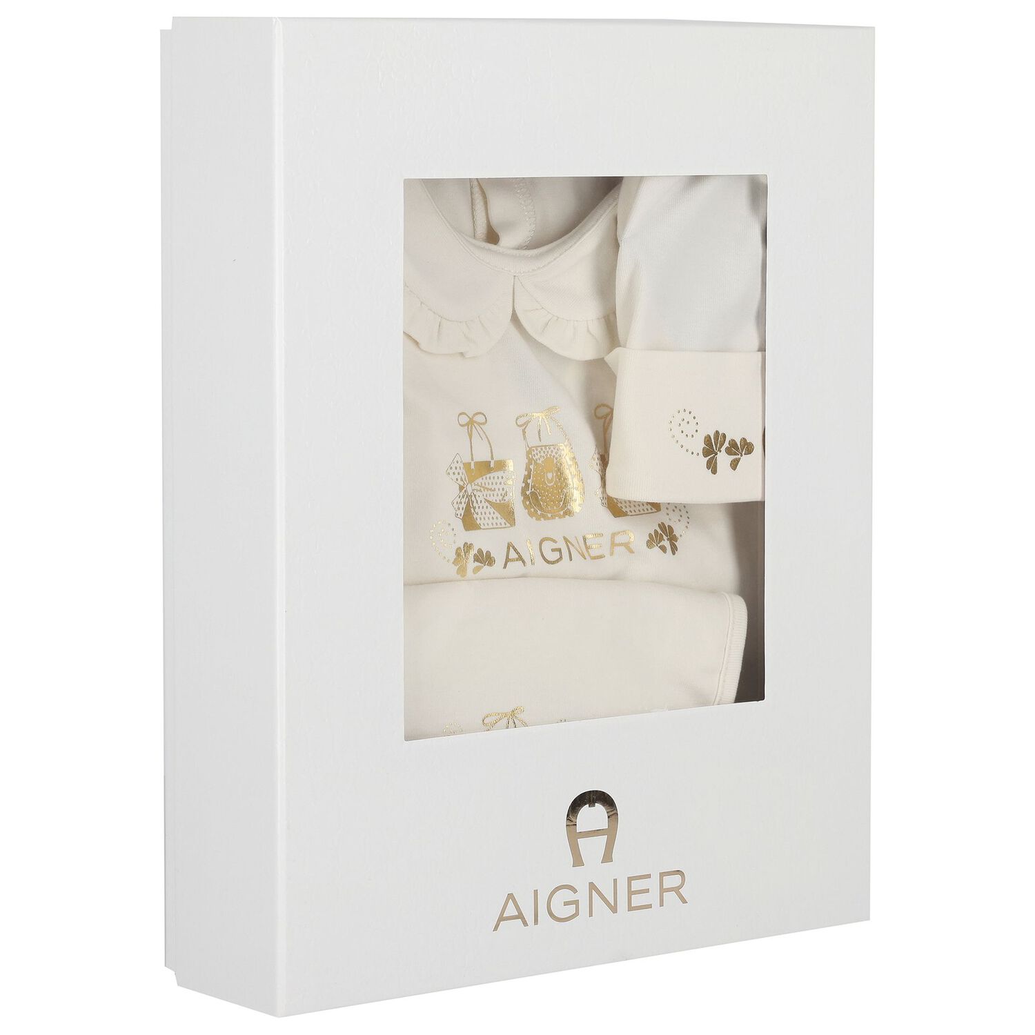 Baby Girls Ivory & Gold Logo Babygrow, Hat & Bib Gift Set, 1, hi-res