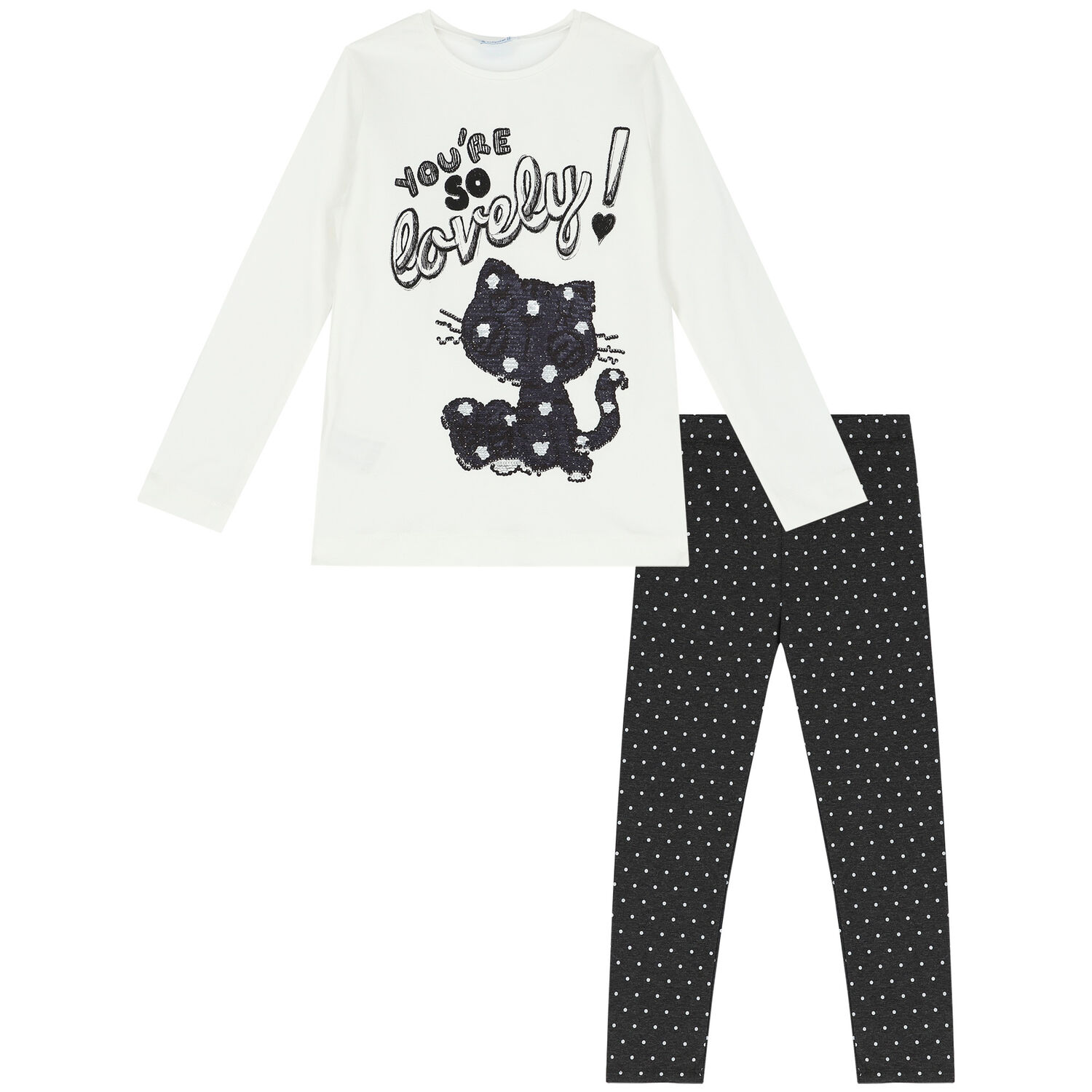 Girls White & Black Cat Leggings Set, 1, hi-res