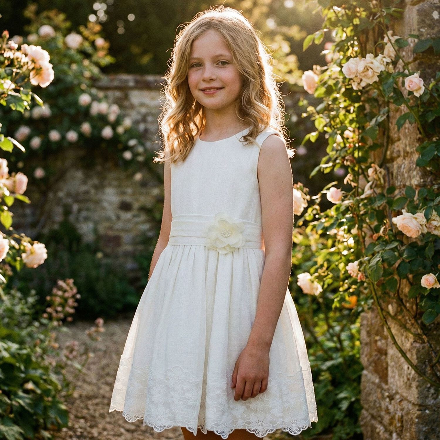 Girls Ivory Floral Lace Dress, 1, hi-res