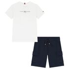 Boys White & Navy Blue Shorts Set, 1, hi-res