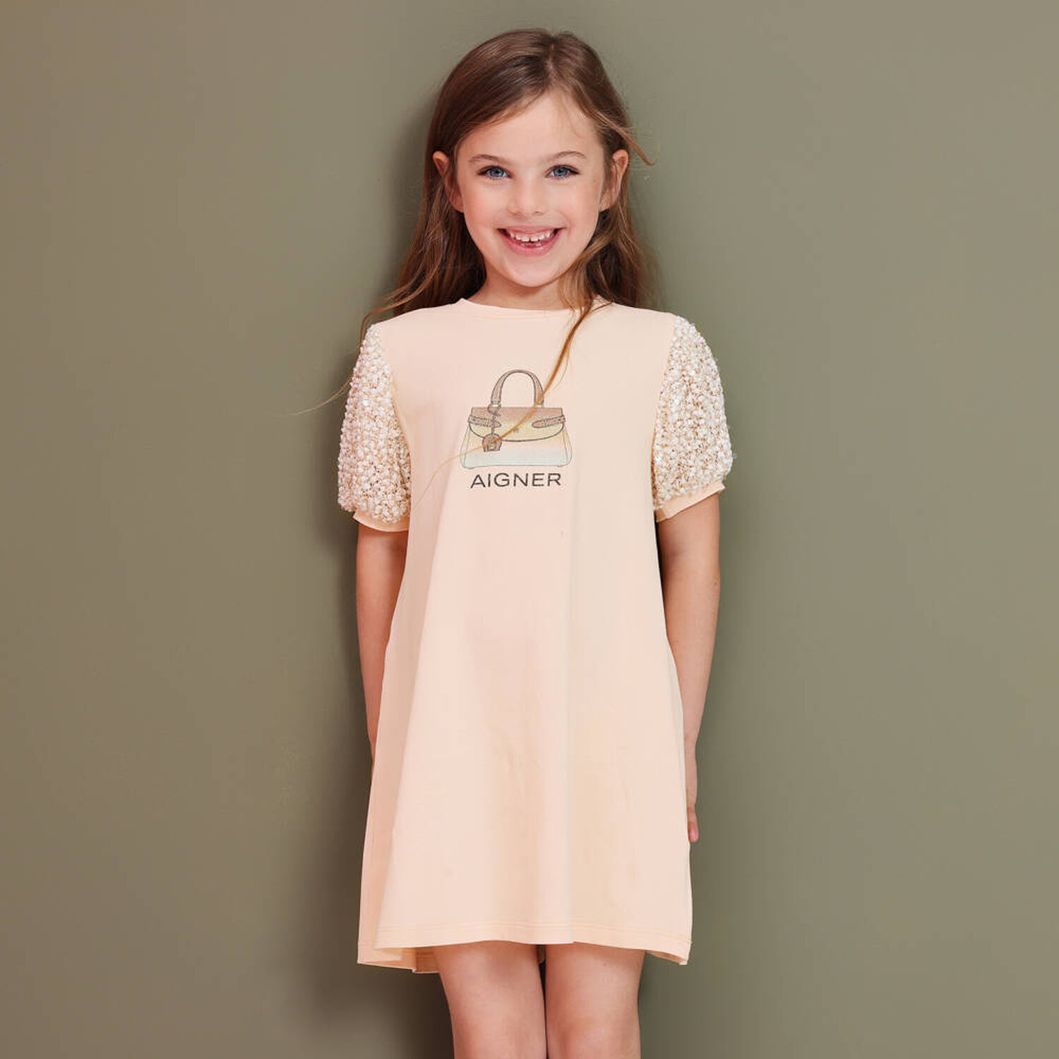 Younger Girls Pale Orange Bag Print Dress, 2, hi-res