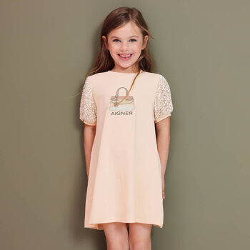 Younger Girls Pale Orange Bag Print Dress