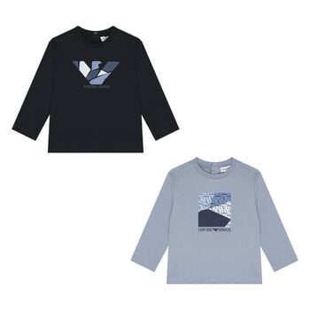 Younger Boys Navy Blue & Blue Logo Long Sleeve Top ( 2-Pack )