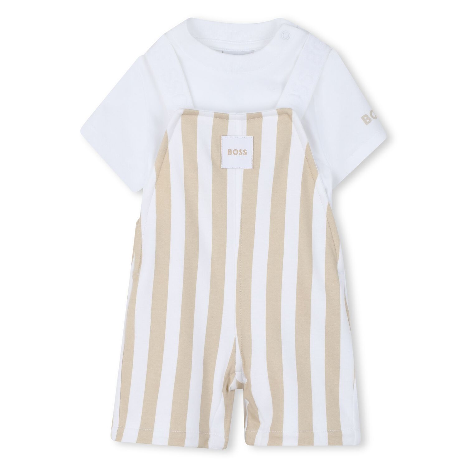 Baby Boys White & Beige Striped Logo Dungaree Set, 1, hi-res