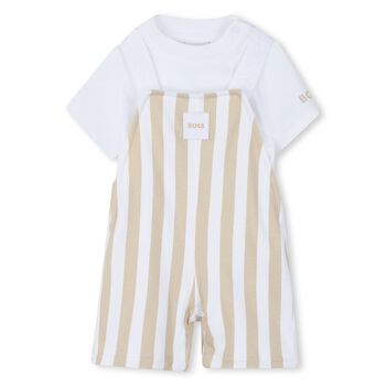 Baby Boys White & Beige Striped Logo Dungaree Set