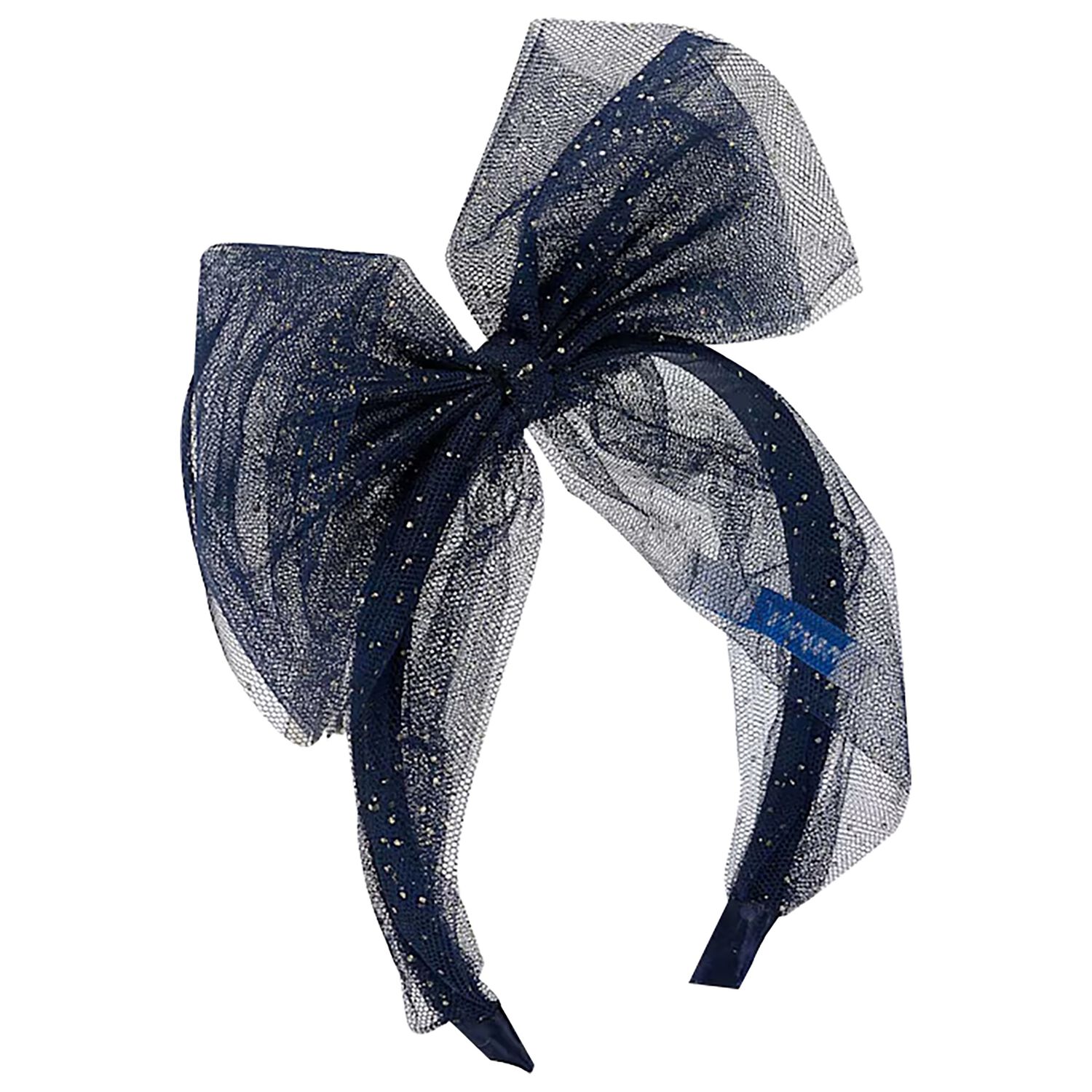 Girls Navy Blue & Gold Glitter Tulle Bow Headband, 1, hi-res