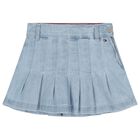 Girls Denim Blue Pleated Skirt, 1, hi-res