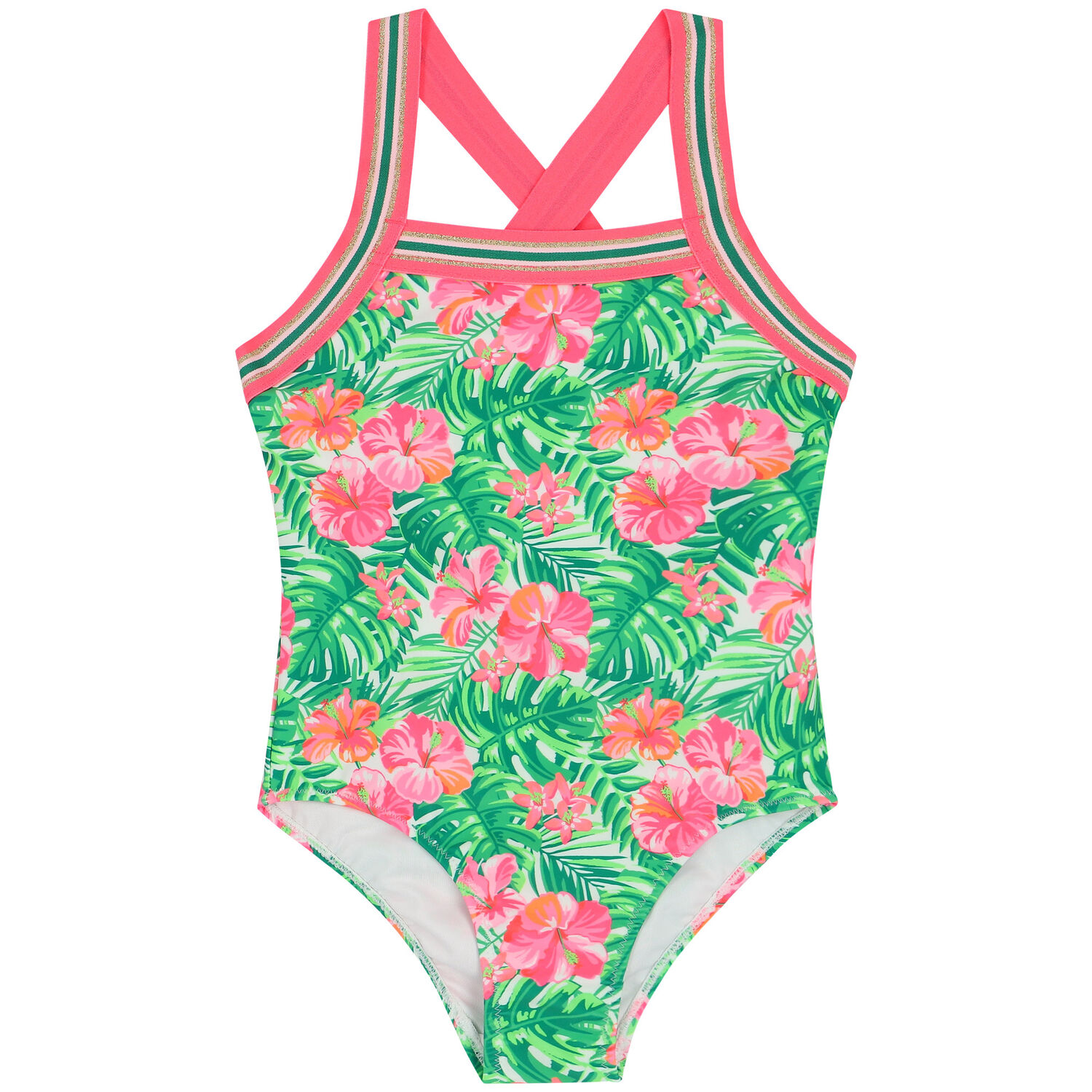 Girls Pink & Green Floral Swimsuit, 1, hi-res